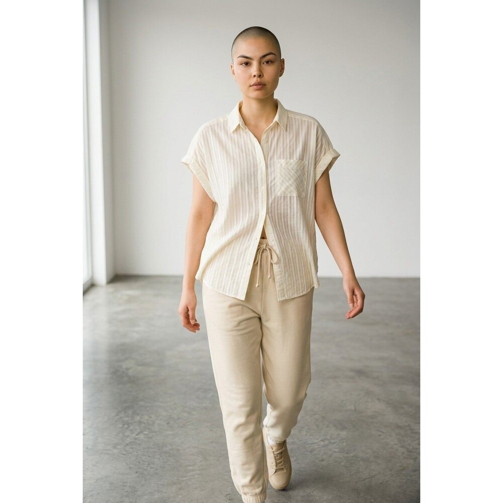 Jane + Delancey Shadow Stripe Soft Yellow Button Up Short Cuffed Shirt Plus 1X